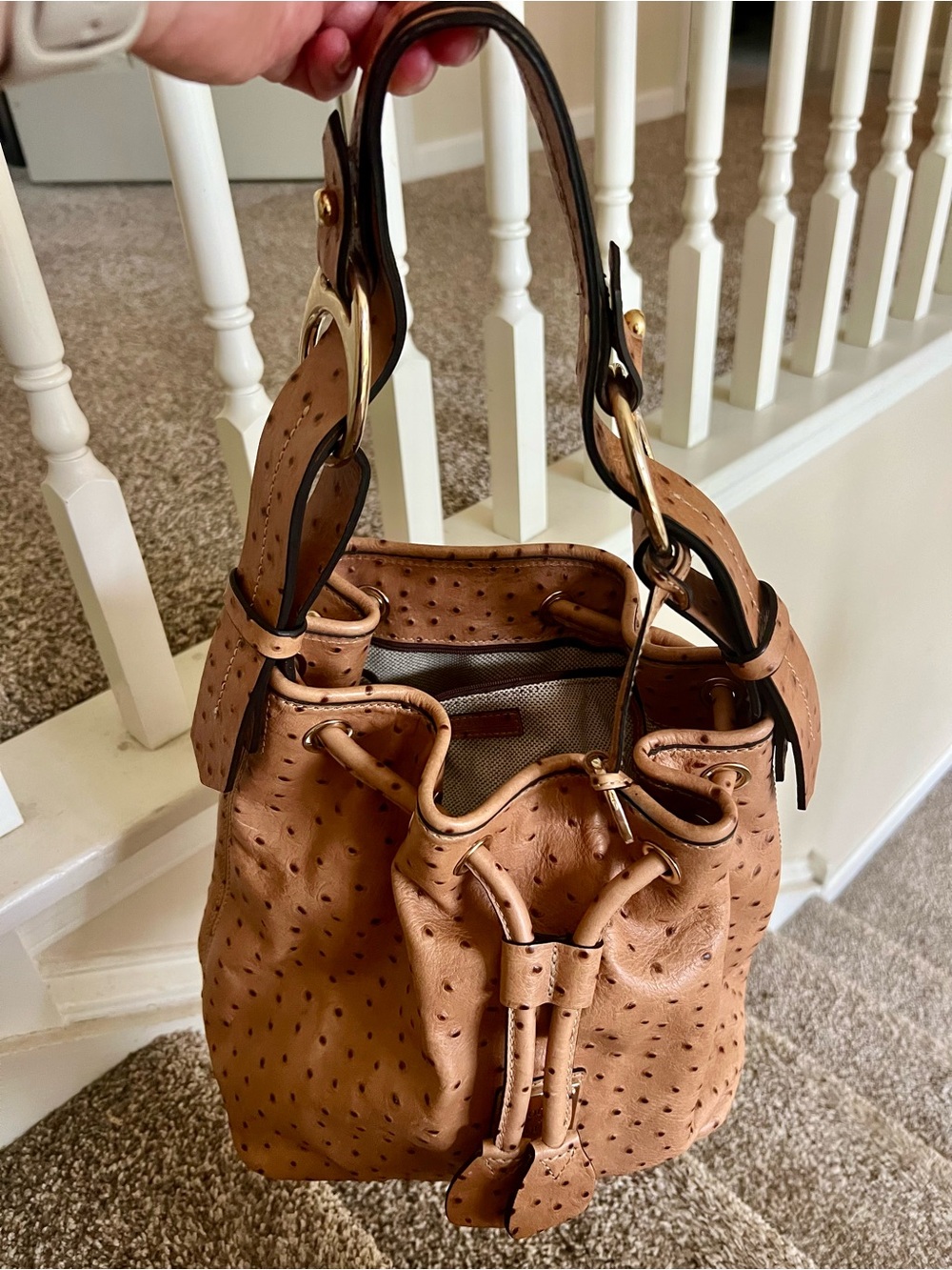 Dooney & Bourke Tan Ostrich-Embossed Leather Drawstring Bucket Bag - Picture 8 of 8